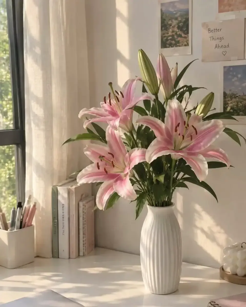 Lily hồng trong bình sứ trắng gân cạnh cửa sổ và giá sách nhỏ