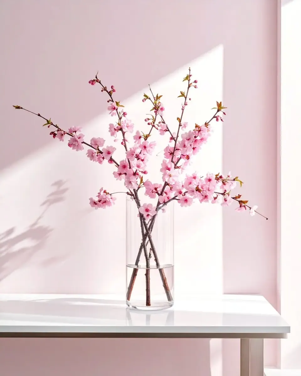 Lọ thủy tinh cắm cành hoa hồng nhạt trước bức tường hồng, ánh nắng đổ bóng cành