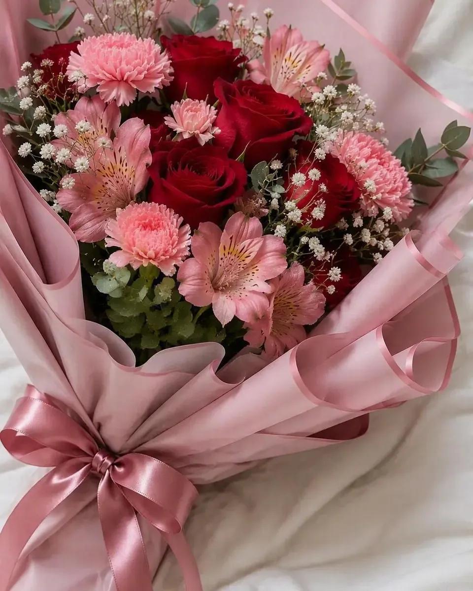 Bó hồng đỏ, cẩm chướng và alstroemeria hồng gói giấy hồng, nơ ruy băng hồng