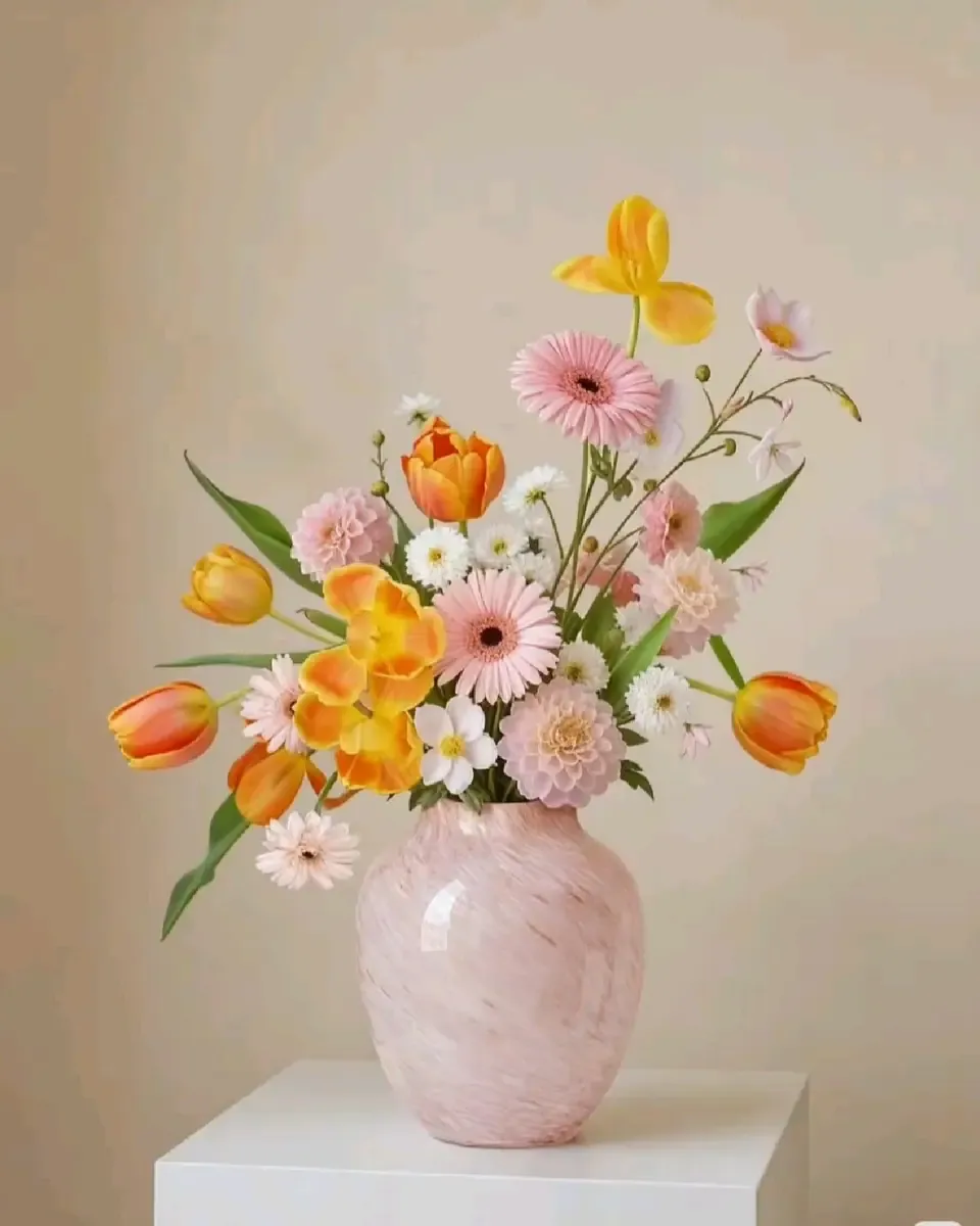 Bình thủy tinh hồng cắm tulip cam, cúc đồng tiền hồng, cúc trắng và cành nhỏ trên bục trắng