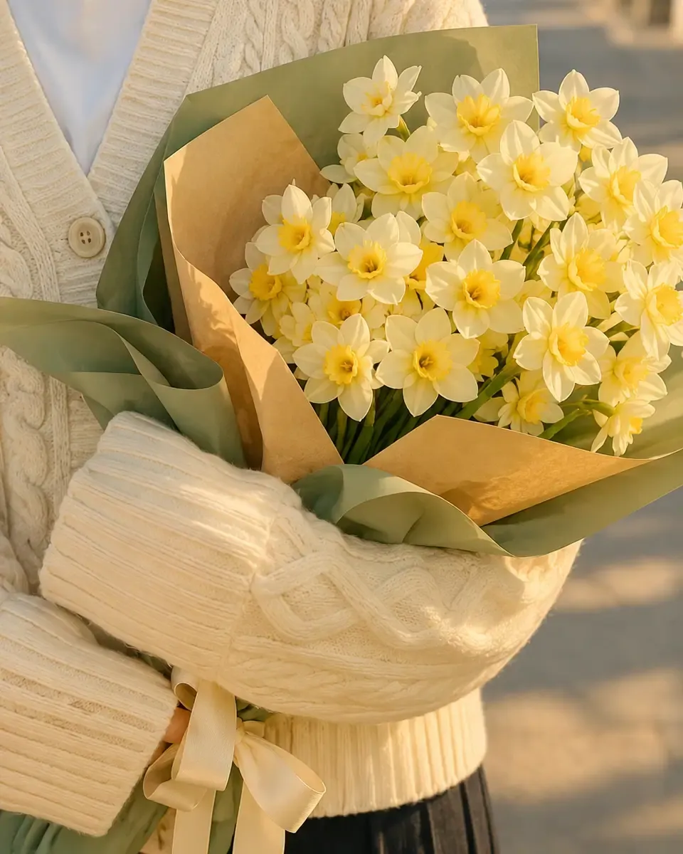 Bó thủy tiên màu kem gói giấy kraft và giấy xanh rêu, một người cầm bó hoa