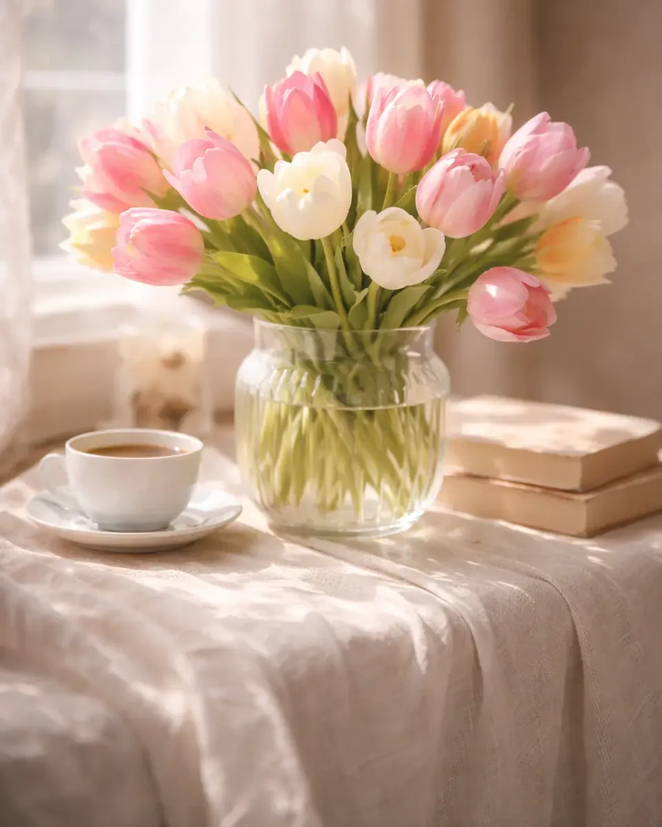 Lọ thủy tinh cắm hoa tulip hồng, trắng và vàng đặt trên bàn cạnh tách cà phê, ánh sáng dịu