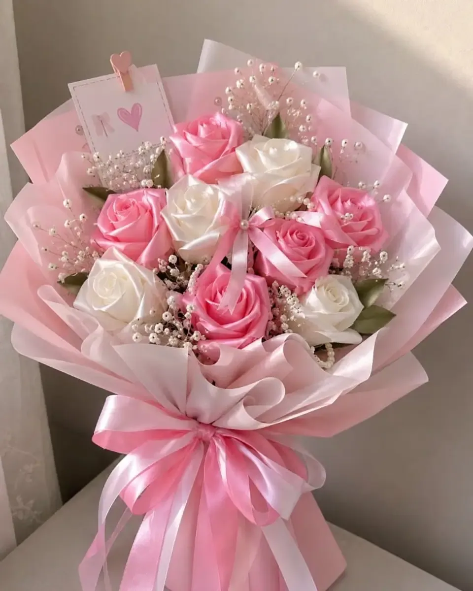 Bó hồng hồng đậm và trắng gói giấy hồng nhạt, ruy băng hồng bản to, điểm chuỗi hạt nhỏ