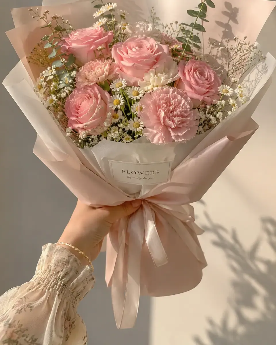 Bó hồng hồng, cẩm chướng và cúc họa mi gói giấy trắng, ruy băng hồng nhạt