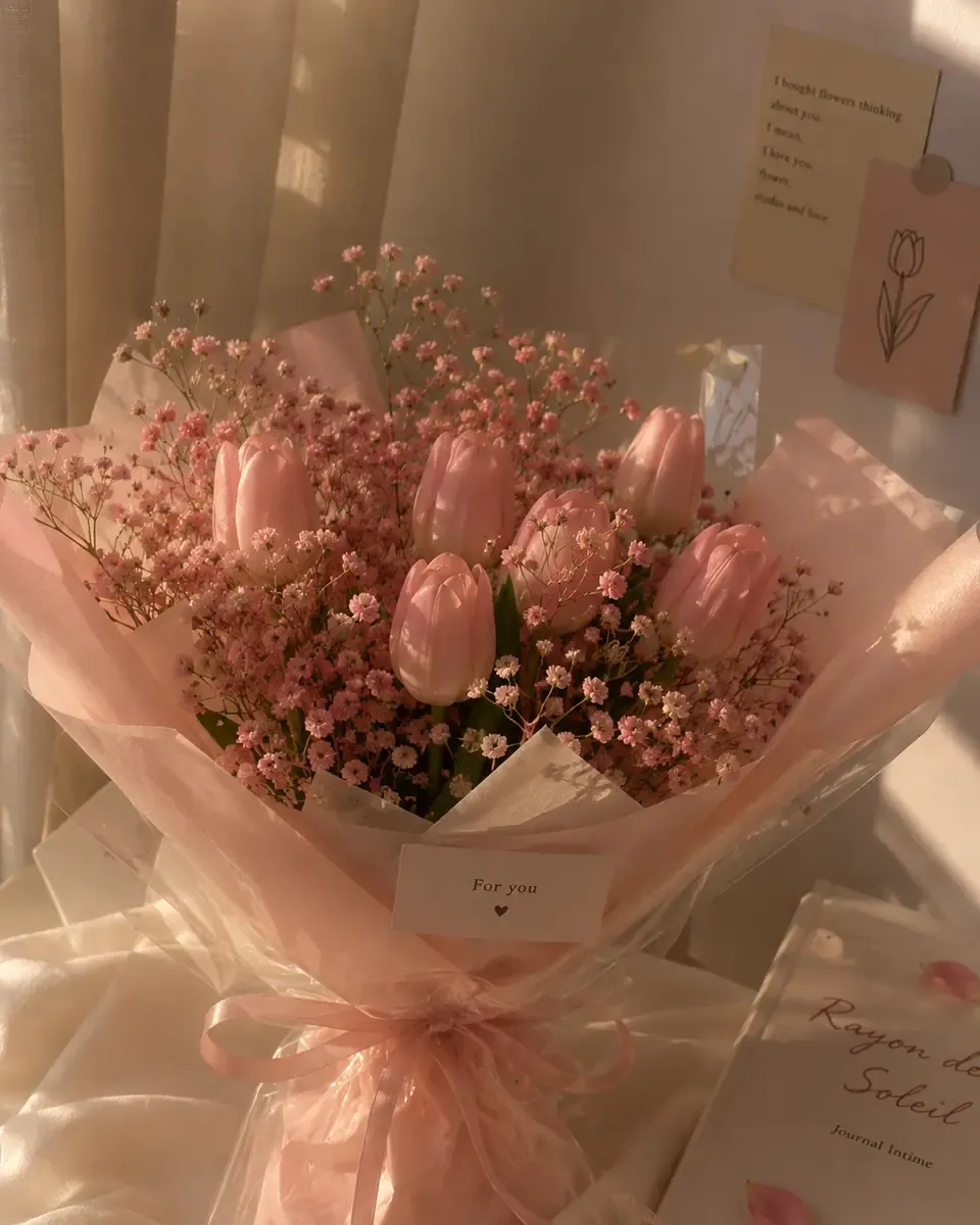 Bó tulip hồng cam cùng baby hồng nhạt, giấy gói hồng phấn gần rèm be