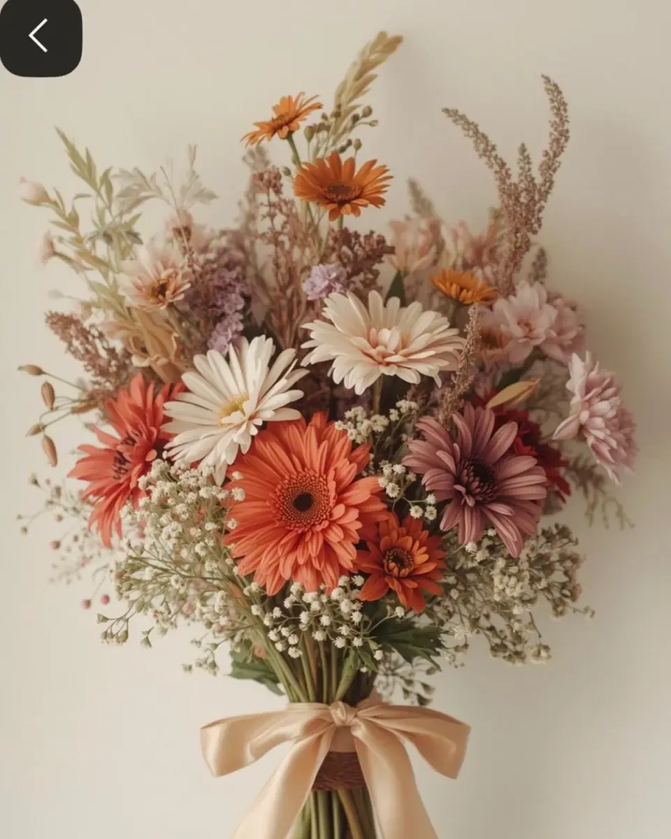 Bó hoa cúc gerbera cam, hoa khô và hoa baby cuống buộc ruy băng màu be, nền tường sáng