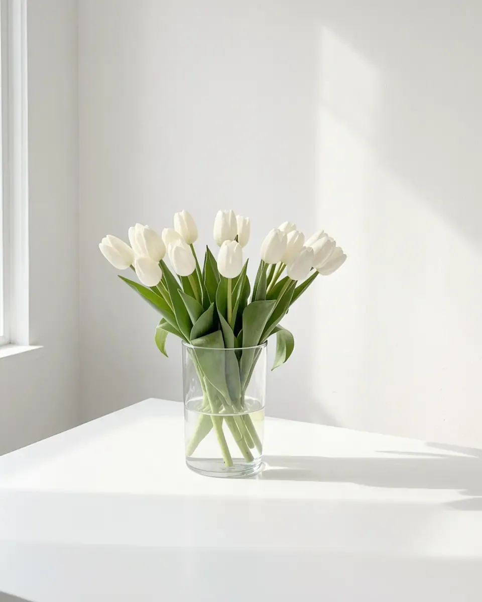 Bình thủy tinh cắm tulip trắng trên bàn trắng cạnh cửa sổ