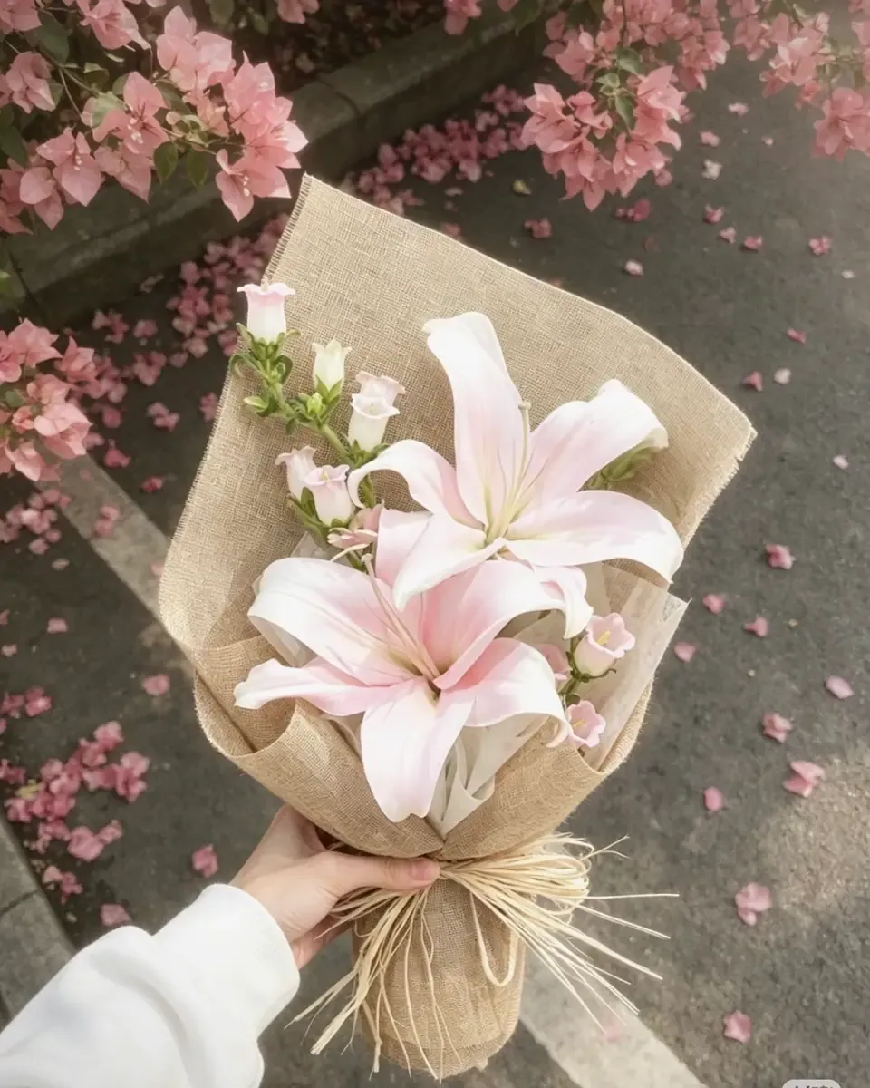 Bó ly hồng gói vải bố, tay cầm, nền cánh hoa hồng rơi
