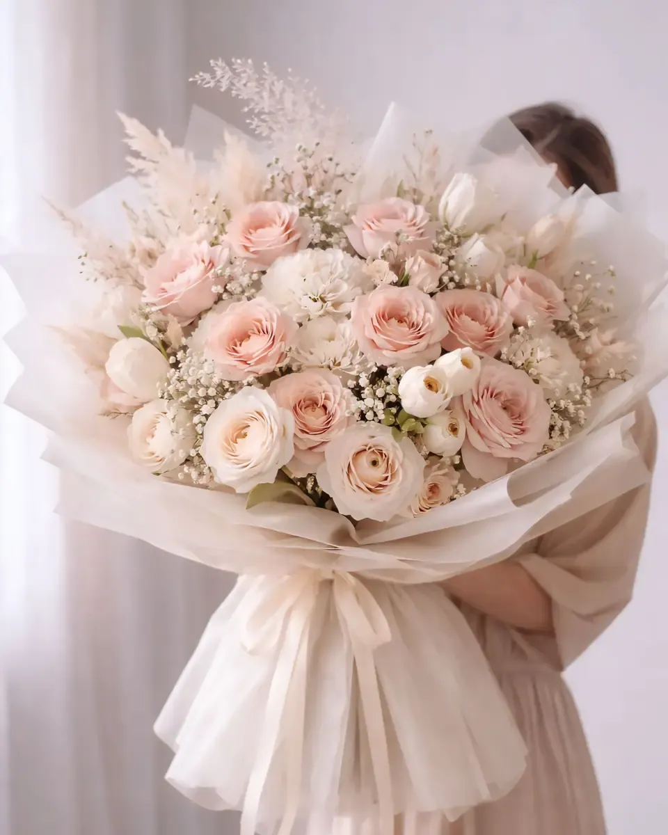 Bó hoa hồng kem và hồng phấn lớn gói voan trắng, ruy băng lụa, một người ôm trước ngực