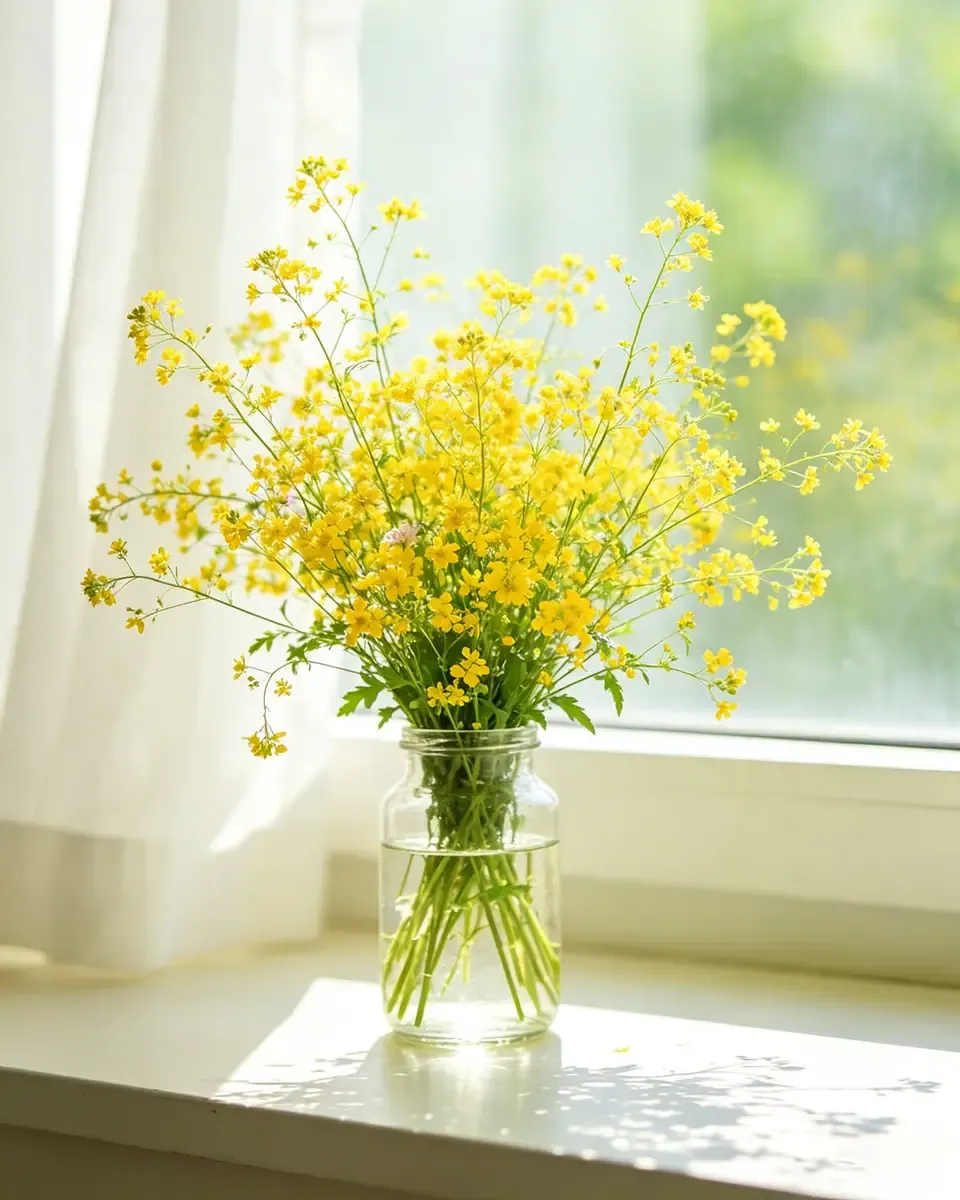 Hoa vàng nhỏ cắm trong lọ thủy tinh bên cửa sổ có rèm trắng, ánh sáng dịu