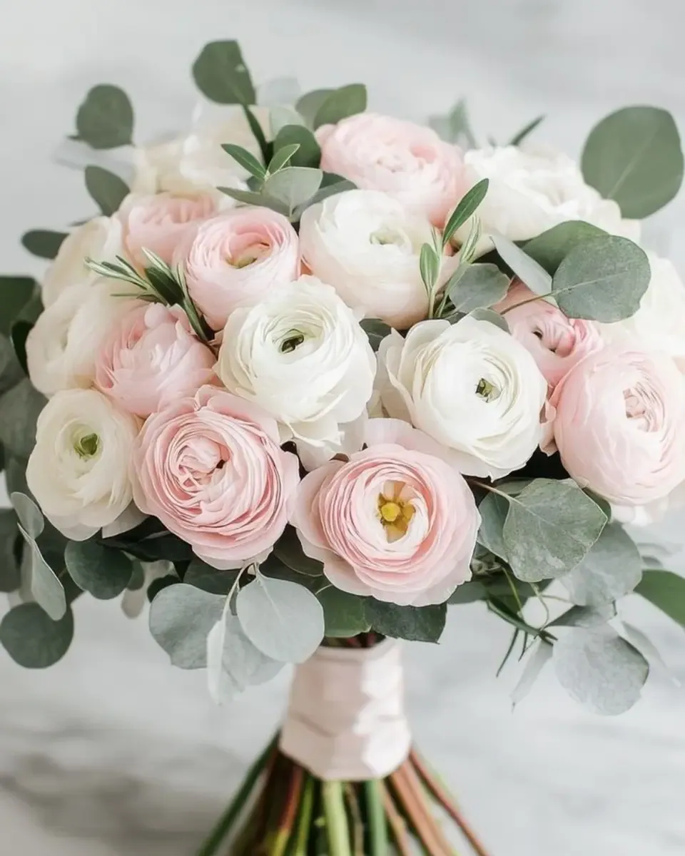 Bó hoa mao lương hồng, trắng và lá bạch đàn, cuống bọc ruy băng hồng nhạt đặt trên nền đá