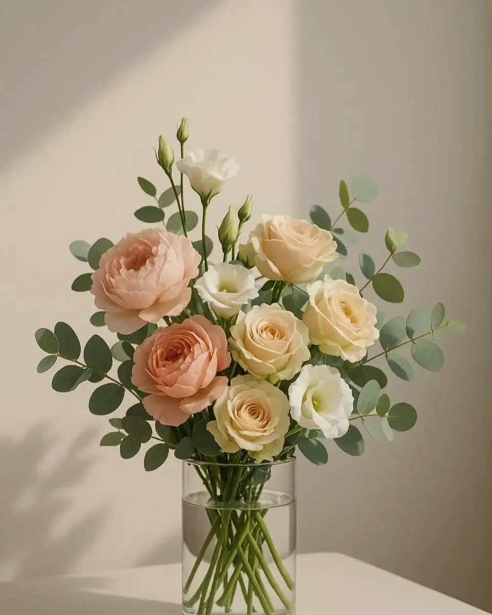 Bình thủy tinh trụ cắm hoa hồng đào, hoa kem trắng và cành bạch đàn trên nền tường sáng