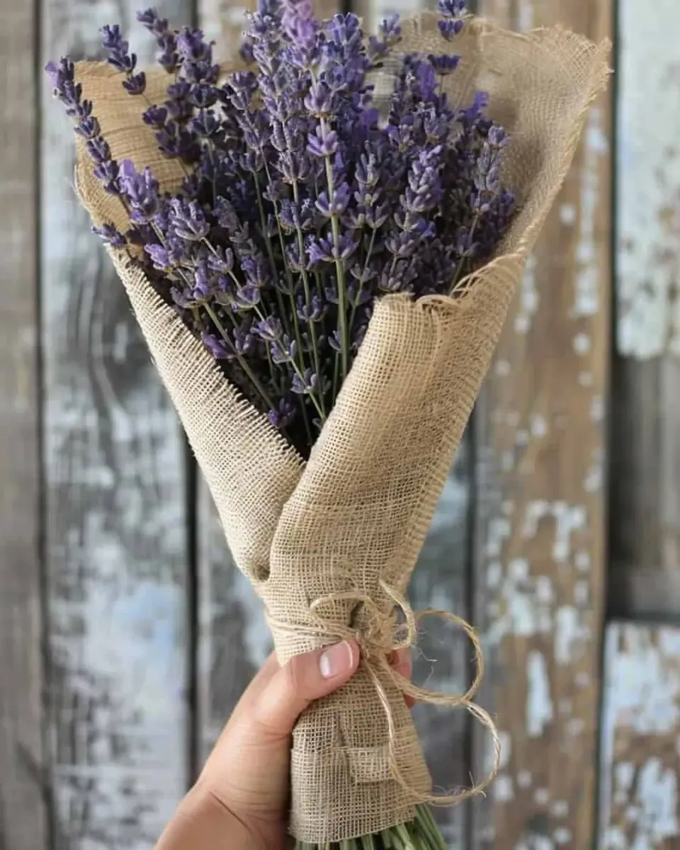 Bó oải hương gói vải bao tải, một tay cầm trước nền gỗ cũ
