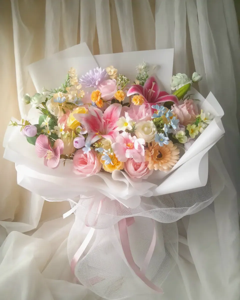 Bó hoa nhiều màu pastel gói giấy trắng mờ, buộc ruy băng hồng, đặt trên nền vải voan