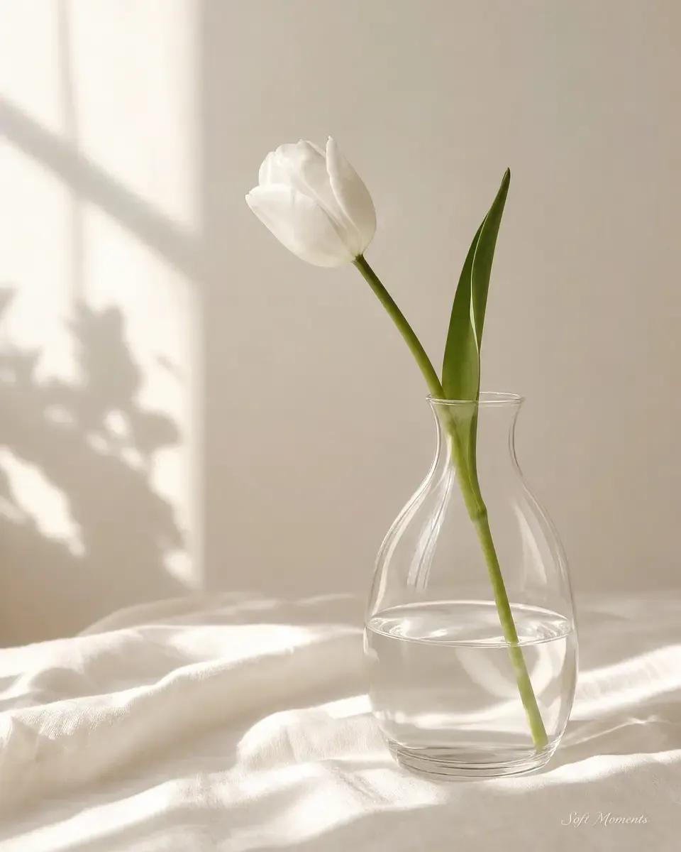 Cành tulip trắng đơn cắm trong bình thủy tinh dáng bầu, đặt trên nền vải trắng ánh nắng