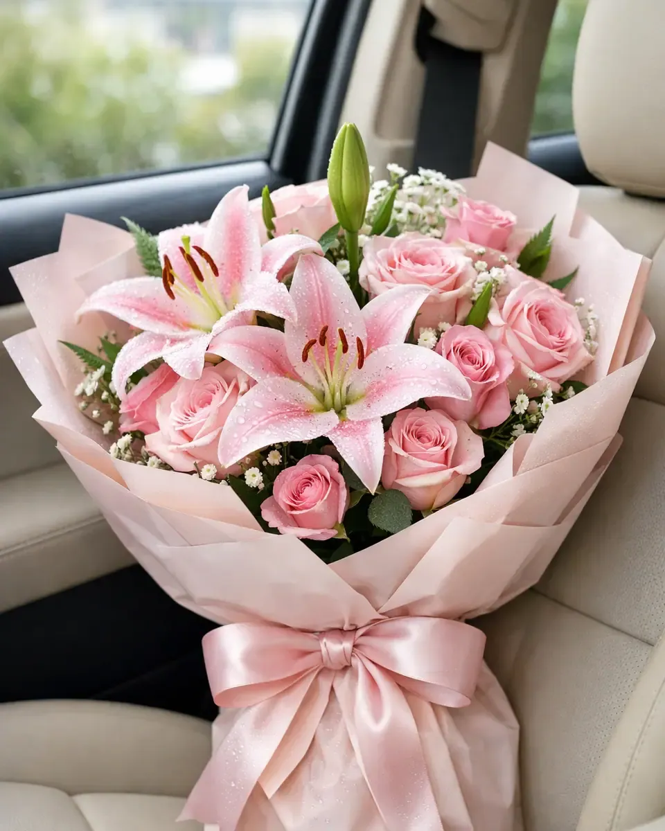 Bó hoa ly và hoa hồng gói giấy hồng phấn, buộc nơ lụa lớn, đặt trên ghế trong xe