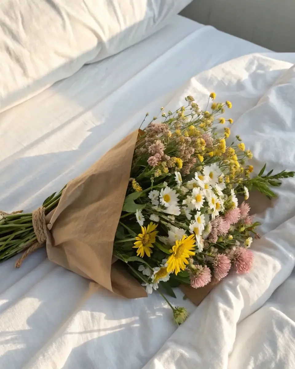 Bó hoa dại vàng và hồng nhạt gói giấy kraft nâu, đặt nghiêng trên chăn trắng