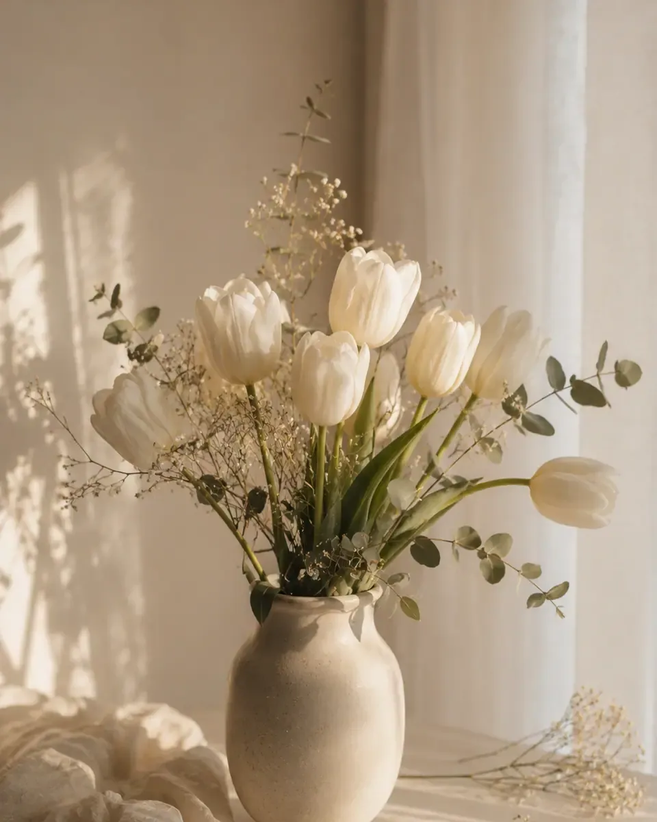 Tulip trắng và hoa khô cắm trong bình gốm kem, nắng nghiêng