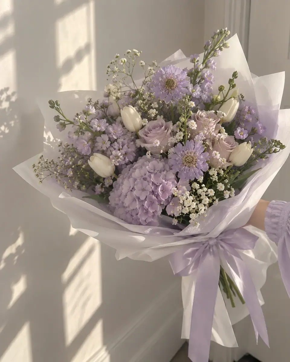 Bó hoa tím pastel gồm hồng, cẩm tú cầu và hoa nhỏ, gói giấy trắng, buộc ruy băng tím