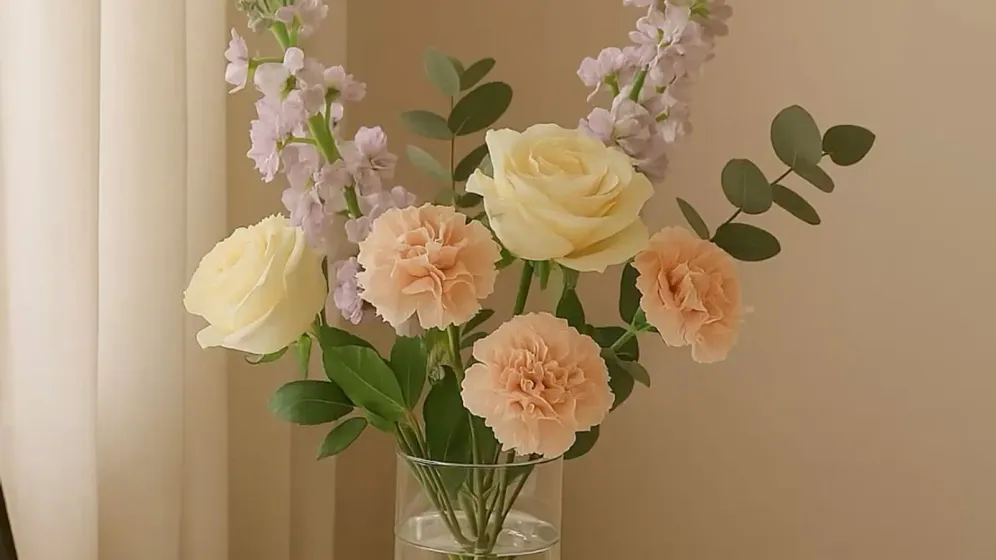 Bình thủy tinh nhỏ cắm hoa hồng kem và cẩm chướng cam nhạt cạnh máy tính và sổ tay trên bàn trắng