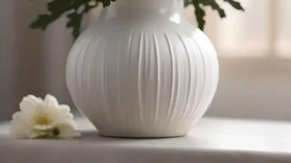 Bình gốm trắng gân dọc cắm hoa cúc trắng đặt trên bàn cạnh cửa sổ có rèm mỏng