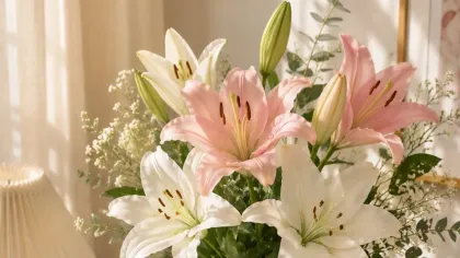 Lily hồng và lily trắng cắm cùng baby trong bình thủy tinh trên bàn làm việc sáng nắng