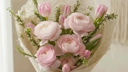 Bó mao lương hồng nhạt cùng tulip gói giấy ren kem đặt trên bàn trắng