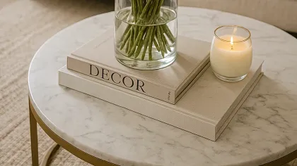 Bình thủy tinh cắm hoa hồng trắng cạnh nến nhỏ và sách trên bàn tròn đá trong phòng khách kem