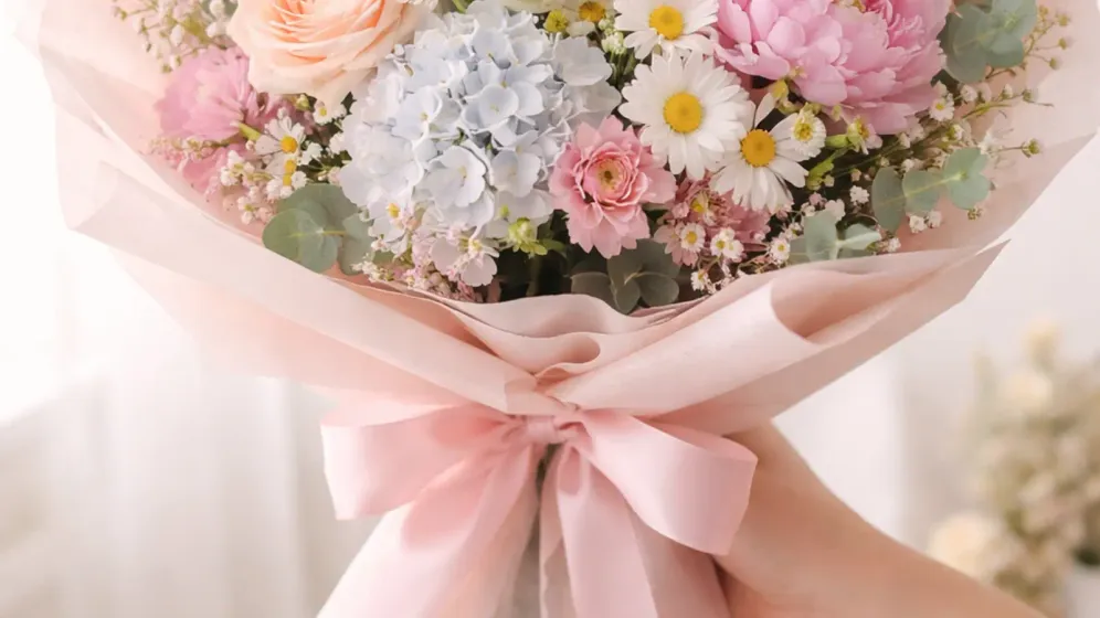 Bó hoa mẫu đơn hồng, hoa cẩm tú cầu xanh và cúc nhỏ gói giấy hồng nhạt buộc nơ ruy băng