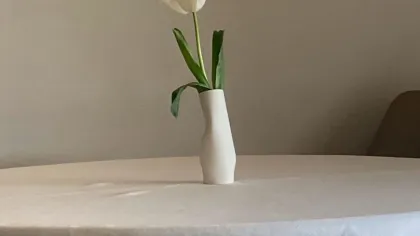 Một cành tulip trắng cắm trong bình sứ nhỏ màu kem đặt trên bàn tròn phủ khăn sáng