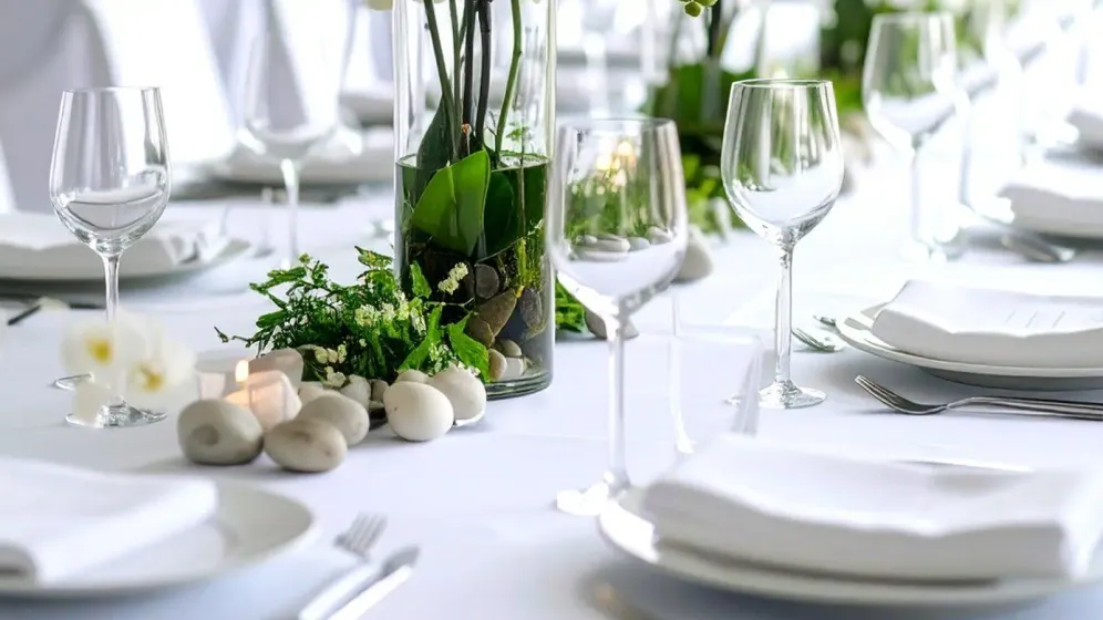 Lan hồ điệp trắng cắm trong bình thủy tinh cao đặt giữa bàn tiệc dài dưới ánh sáng ban ngày