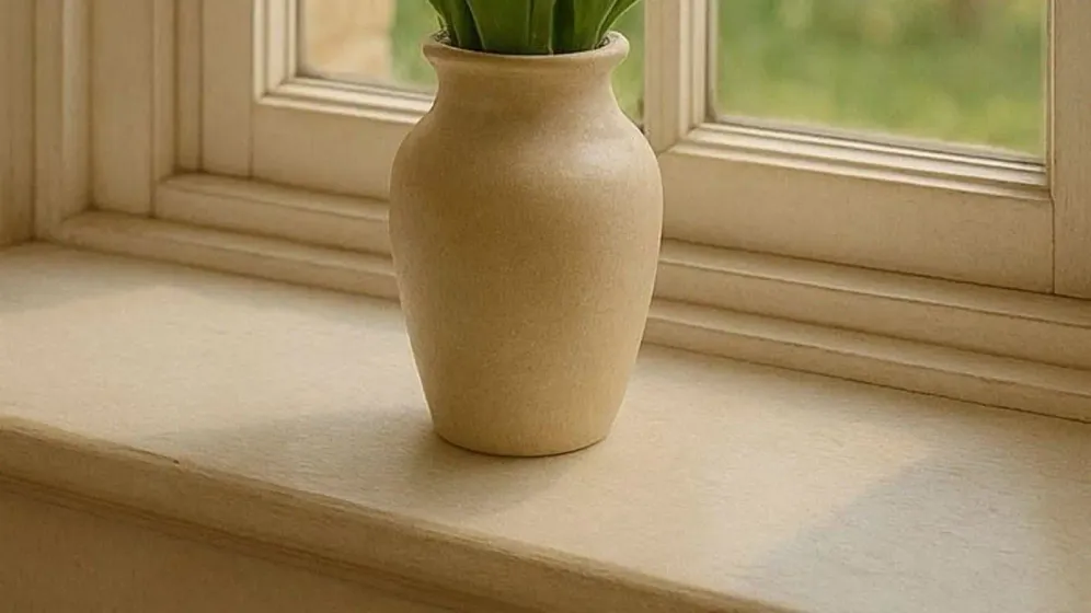 Bình gốm màu kem cắm tulip hồng đặt bên cửa sổ nhìn ra khoảng xanh