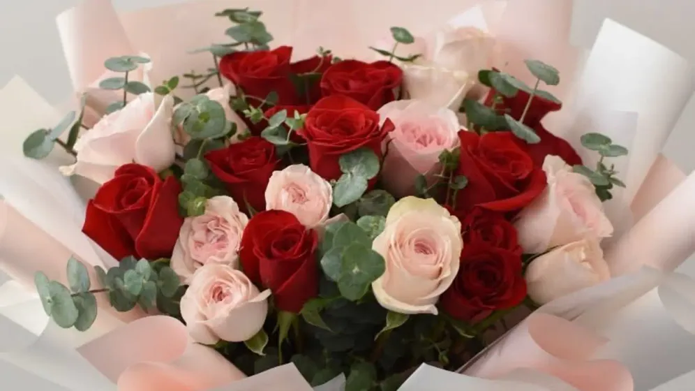 Bó hồng đỏ và hồng phấn với lá bạch đàn, giấy gói trắng hồng, ruy băng nâu hồng
