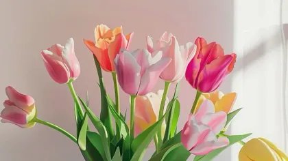 Bình thủy tinh cắm hoa tulip hồng, cam và vàng đặt trên mặt bàn trắng trong ánh sáng ban ngày