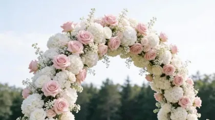Cổng vòm phủ kín hoa hồng hồng phấn và hoa trắng đặt trên bãi cỏ cạnh hàng rào gỗ