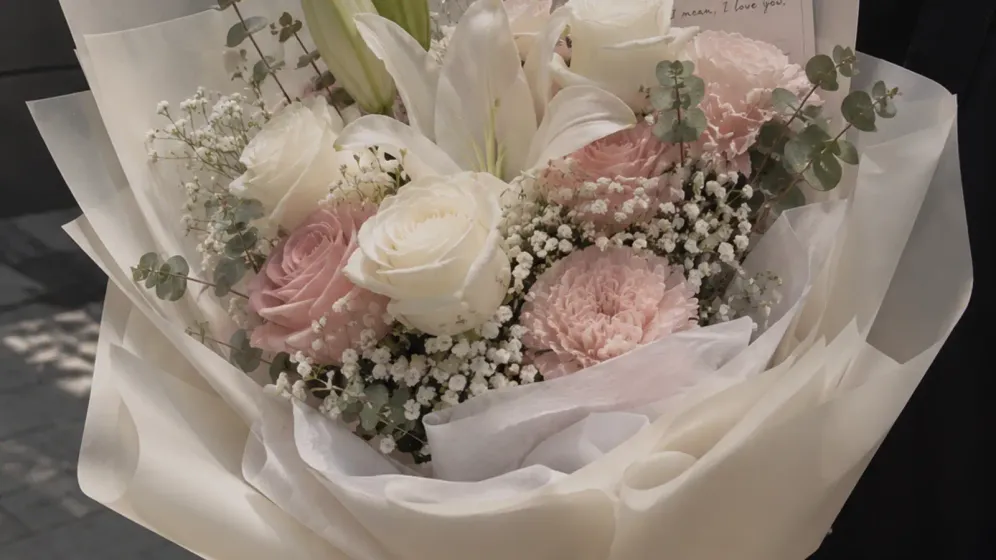 Bó hồng phấn, hồng trắng, lily trắng và baby gói giấy trắng, người cầm đứng ngoài phố