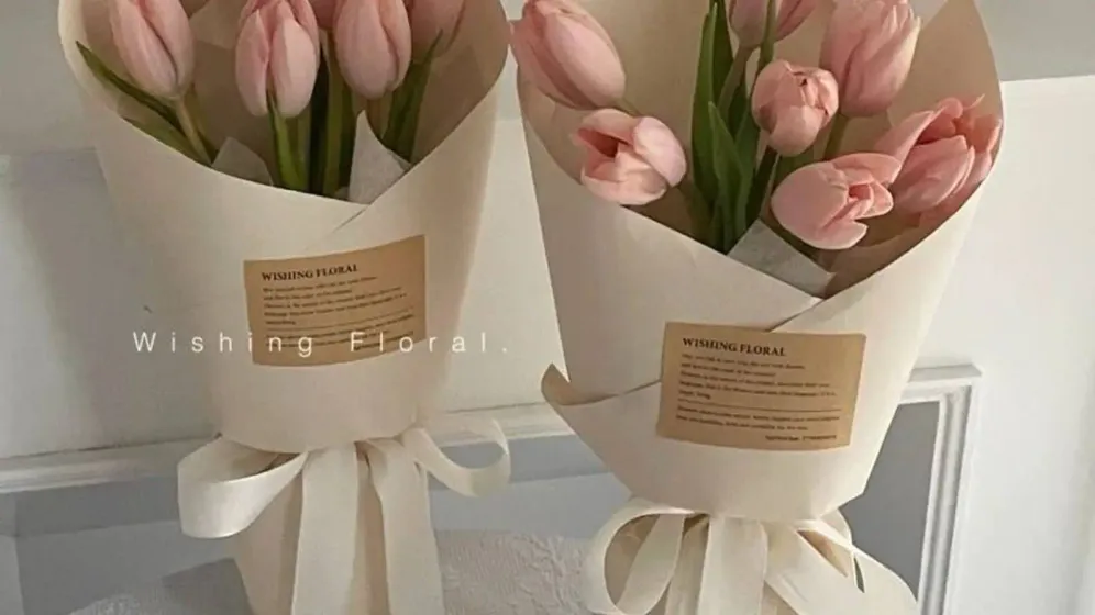 Hai bó tulip hồng gói giấy kem buộc ruy băng đặt cạnh nhau