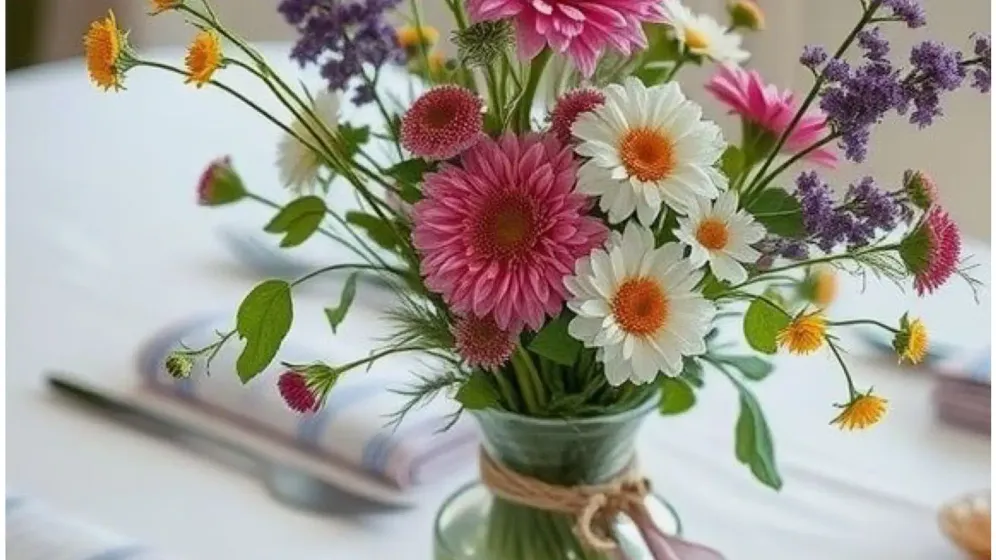Lọ thủy tinh buộc ruy băng cắm hoa dại nhiều màu hồng, tím, trắng đặt trên bàn tiệc trải khăn trắng