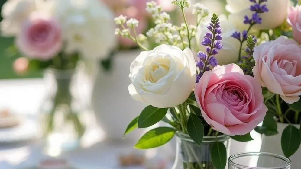 Bình thủy tinh cắm hồng, thủy xương bồ tím và hoa trắng đặt trên bàn tiệc ngoài trời cạnh nến