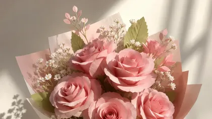 Bó hoa hồng hồng phấn gói giấy hồng nhạt, ruy băng hồng, đặt cạnh cửa sổ có nắng