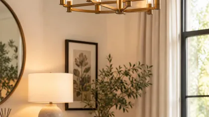 Hai bình thủy tinh khói cắm lan hồ điệp trắng đặt trên bàn gỗ cạnh đèn và cây xanh