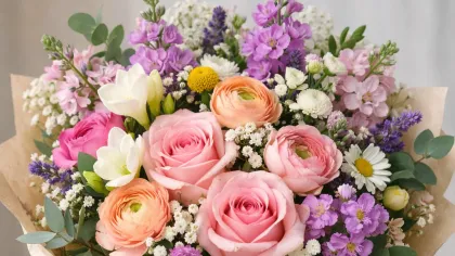 Bó hoa nhiều loại gồm hồng, ranunculus cam và hoa tím gói giấy kraft, buộc dây thừng