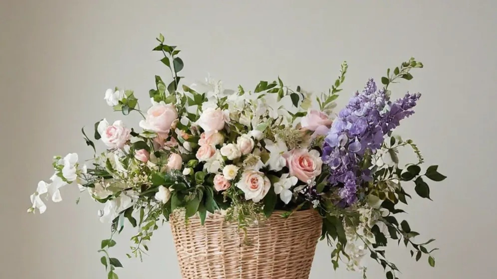 Lẵng mây đựng hoa hồng hồng nhạt, lisianthus tím nhạt và hoa trắng, đặt trên chiếc ghế gỗ cao