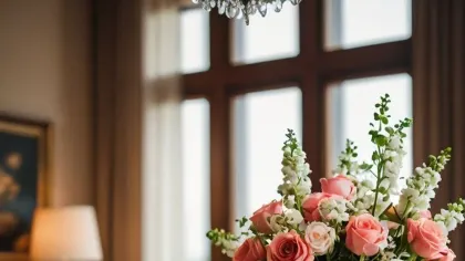 Bó hoa hồng hồng và hoa nhỏ cắm trong bình pha lê trên bàn ăn gỗ