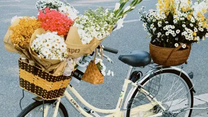 Chiếc xe đạp màu kem chở nhiều bó hoa gói giấy kraft trong giỏ đan trên vỉa hè