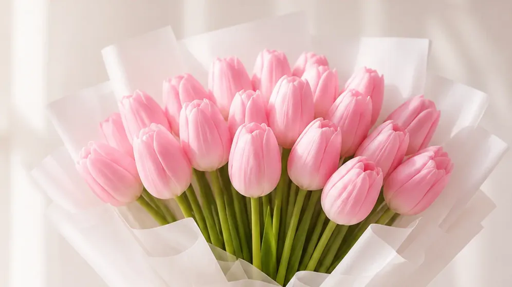 Bó tulip hồng gói giấy trắng mỏng, buộc nơ ruy băng kem, đặt trước nền sáng dịu