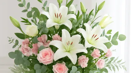 Bình thủy tinh cắm ly trắng, hồng phấn và lá bạch đàn đặt trên bàn trắng cạnh rèm sáng