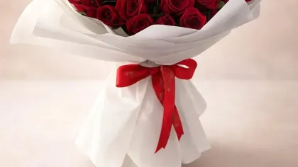Bó hồng đỏ đầy đặn gói giấy trắng, buộc ruy băng đỏ trên nền hồng nhạt