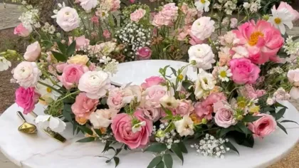 Bàn tròn đá trắng phủ hoa hồng hồng, hoa trắng và lá xanh đặt giữa sân vườn nắng