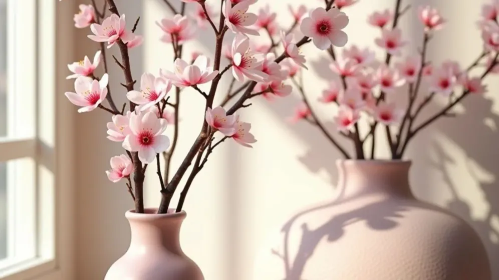 Hai bình gốm hồng nhạt cắm cành hoa hồng phấn, ánh nắng chiếu qua ô cửa sổ lớn